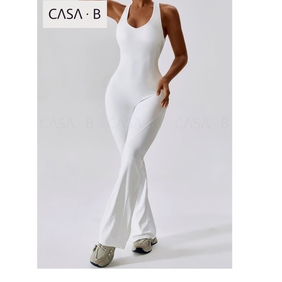 5⭐️CASA B💫| ARIA Flared Essential Open Back Active White Gym Jumpsuit - Picture 3 of 8